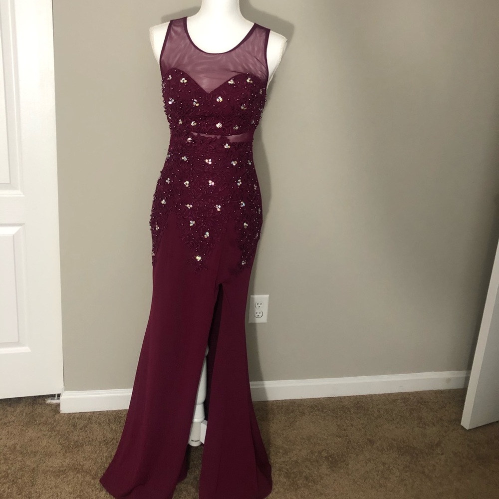 Purple long dress slit on front of leg